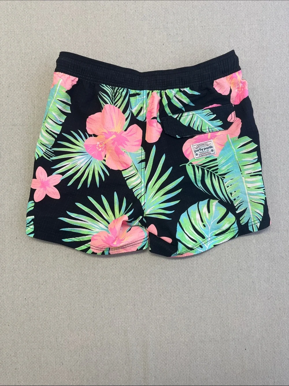 Party Pants Tropical Floral Swim Trunks Black Pink Medium Shorts